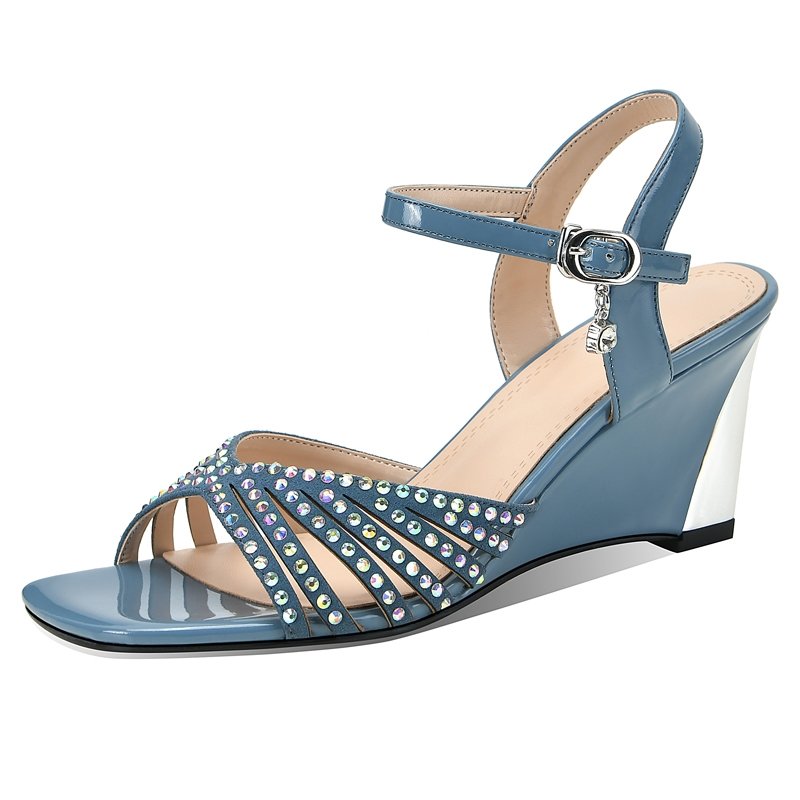 Fashion Rhinestone Genuine Leather Wedges Sandals For Women High Heels Sandals Summer Casual Shoes 2021 Sandalias Mujer